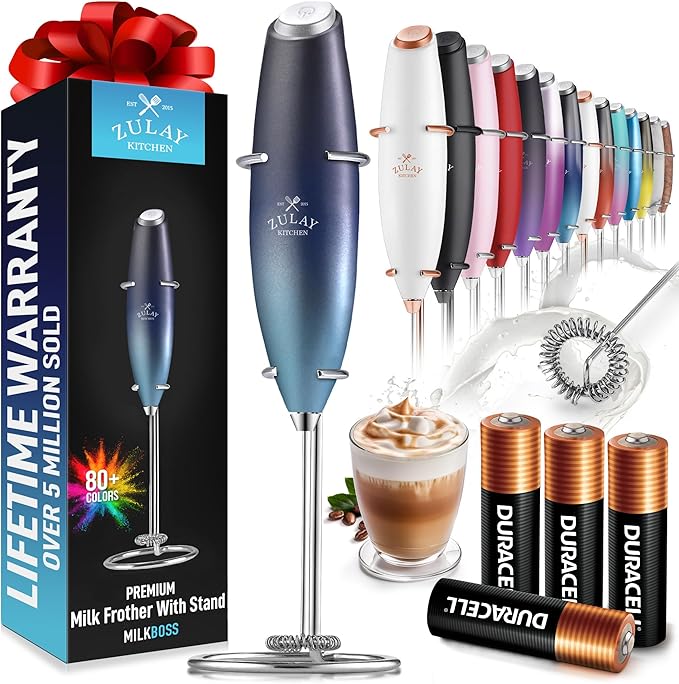 Zulay Kitchen Powerful Milk Frother Wand With 4 AA Duracell Batteries - Ultra Fast Handheld Drink Mixer - Electric Whisk Foam Maker for Coffee, Lattes, Cappuccino, Matcha & Creamer - Deep Sea