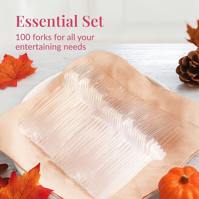Prestee Clear Plastic Forks 100 Count - Heavy Duty Disposable Forks, Crystal Clear Silverware, Durable Plastic Utensils for Parties, Events, and Catering - Bulk Flatware Set for Any Occasion