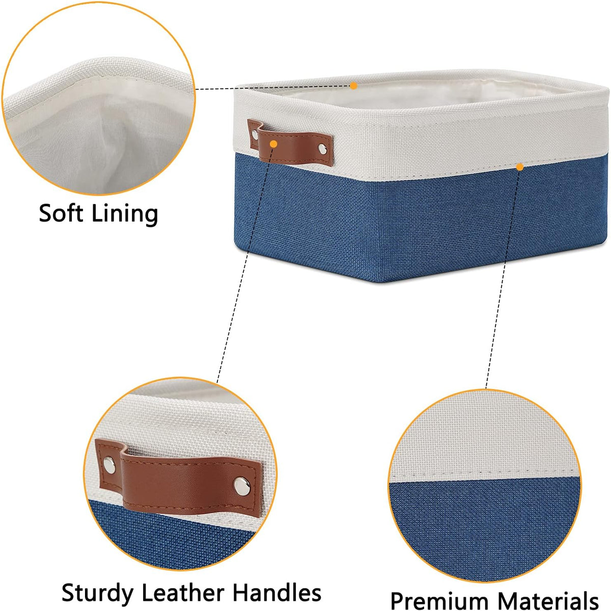 DULLEMELO Set of 6 Small Baskets for Organizing, Small Fabric Storage Bins for Toys Storage, Collapsible Storage Bins with Leather Handles for Shelves, Closets, Laundry, Nursery(White&Blue)