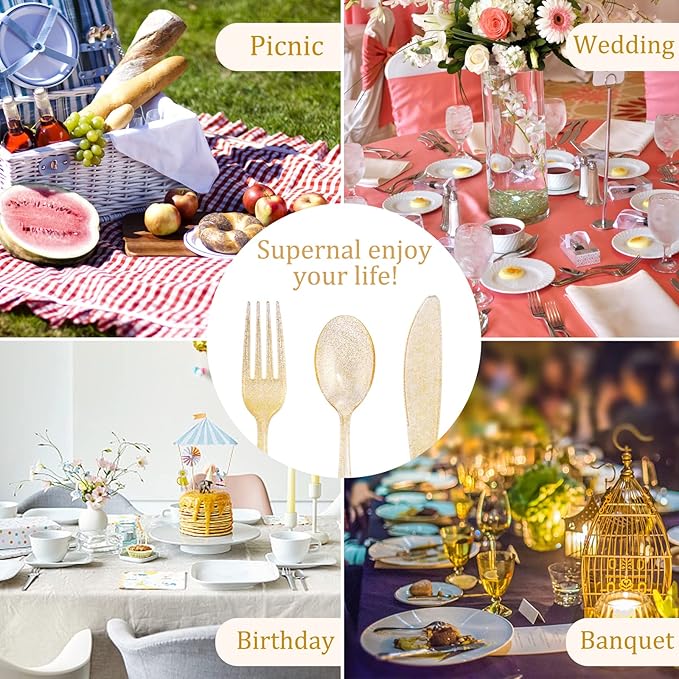 Supernal 300pcs Gold Glitter Plastic Cutlery Disposable Utensils Gold Plastic Silverware Sets Include 100 Forks, 100 Spoons & 100 Knives Serves for 100 Guests Suitable for Party,Thanksgiving