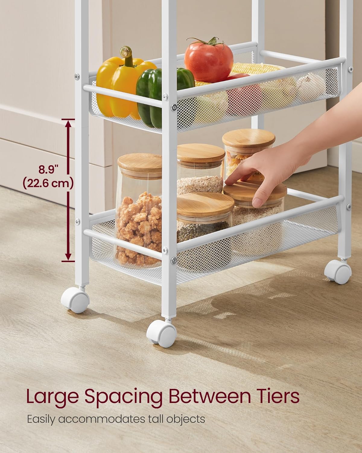 VASAGLE Slim Rolling Cart, 5-Tier Storage Cart, Narrow Cart with Handle, 8.7 Inches Deep, Metal Frame, for Kitchen, Dining Room, Living Room, Home Office, Oak Beige and Classic White ULRC035W09
