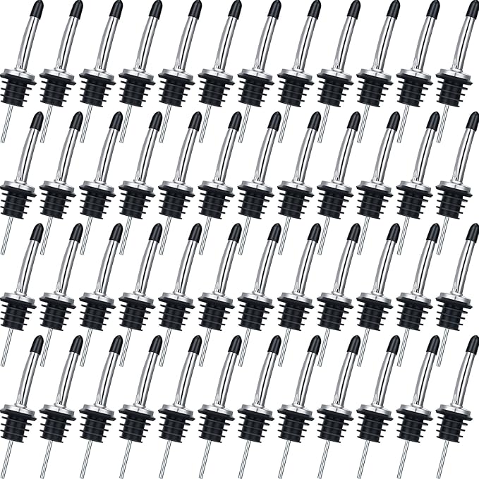48 Pcs Stainless Steel Bottle Pourers Tapered Liquor Pourers with Rubber Dust Caps Tapered Spouts Set Bar Supplies Vinegar Bottle Dispenser Wine Liquor Spout for Oil Beer Drink Water