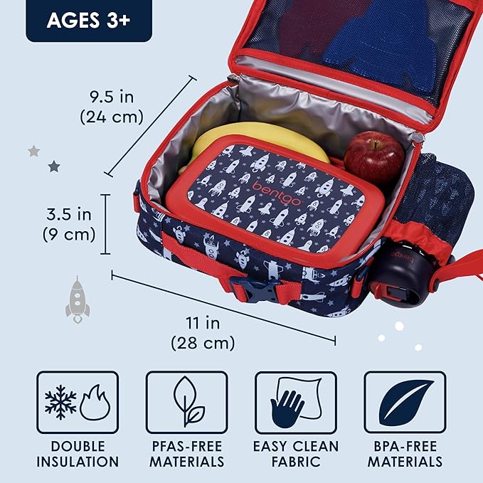 Bentgo Kids Lunch Bag - Durable, Double-Insulated Lunch Bag for Kids 3+; Holds Lunch Box, Water Bottle, & Snacks; Easy-Clean Water-Resistant Fabric & Multiple Zippered Pockets (Rocket)
