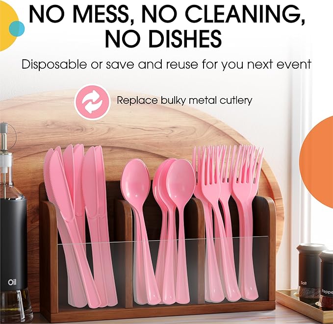 Party Solids Pink Plastic Silverware Heavy Duty 150 Pieces Pink Plastic Cutlery Sets, Utensil Sets, 50 Of Each Forks, Knives & Spoons Disposable Cutlery Set, Flatware Set For Party Supplies