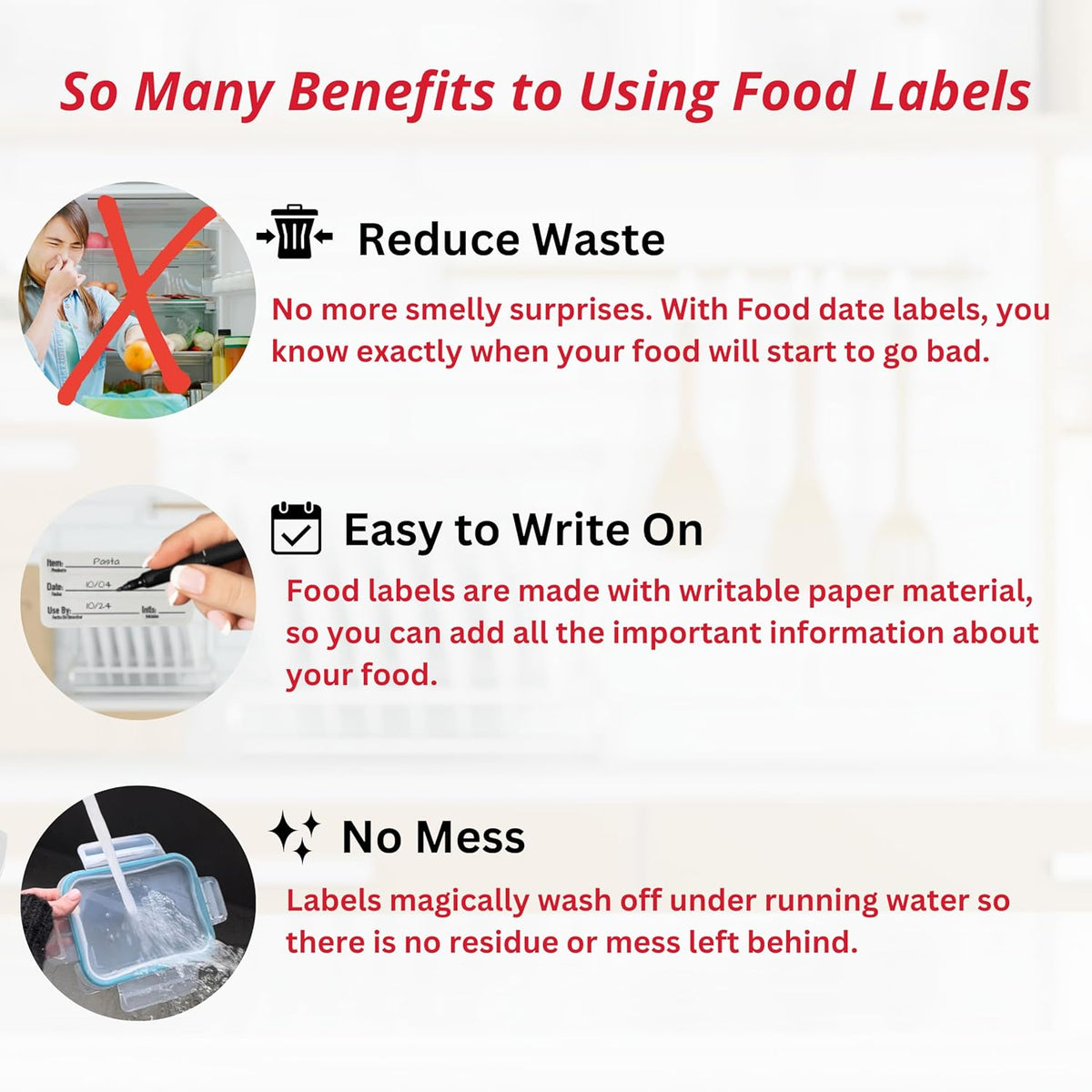 2x1 Dissolvable Food Labels, 1000 Label Stickers, Bottle Labels for Storage Bins, Sticker Labels for Food containers, (1000, Red)