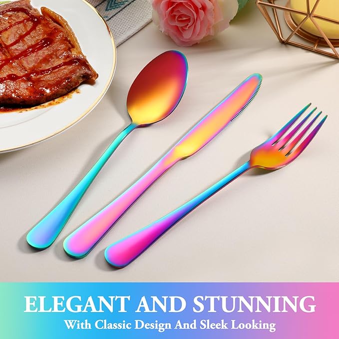48 Pcs Rainbow Silverware Set with Steak Knives Service for 8,Stainless Steel Flatware Set,Mirror Polished Cutlery Utensil Set, Kitchen Eating Tableware,Include Fork Knife Spoon Set,Dishwasher Safe