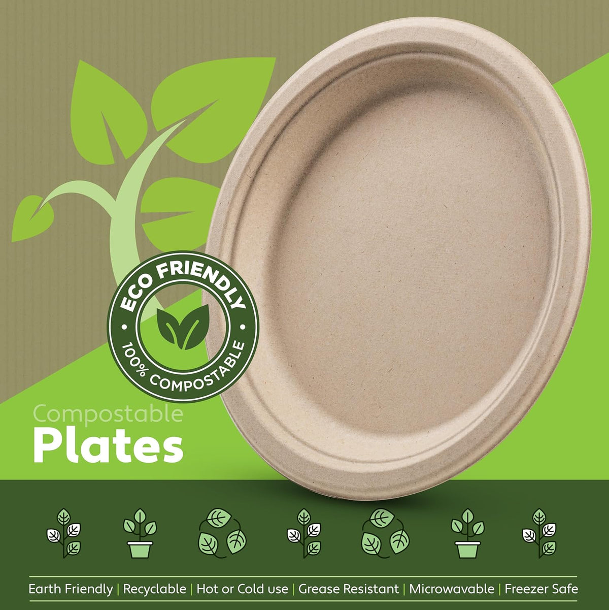 100% Compostable Paper Plates 150 Pack, 10 Inch Heavy Duty Biodegradable Microwavable Disposable Brown Dinner Plates, Made of Eco-Friendly, Natural Unbleached Sugarcane Bagasse