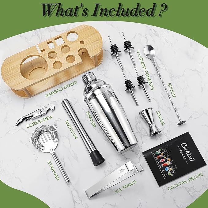 Cocktail Shaker Set Bartender Kit with Stand, Stainless Steel Drink Mixer Set with All Essential Accessories, Professional Bar Tool Set Bartending Kit, Gifts for Home Bar and Men Dad Women