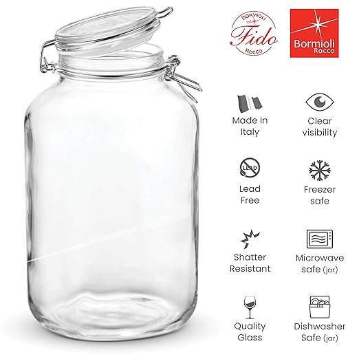 Bormioli Rocco Glass Fido Jars - 135.¼ Ounce - 4 Liter, with hinged hermetically Sealed Airtight lid for Fermenting, Canning, Preserving, With Exclusive Paksh Novelty Chalkboard Labels Set (1 Pack)