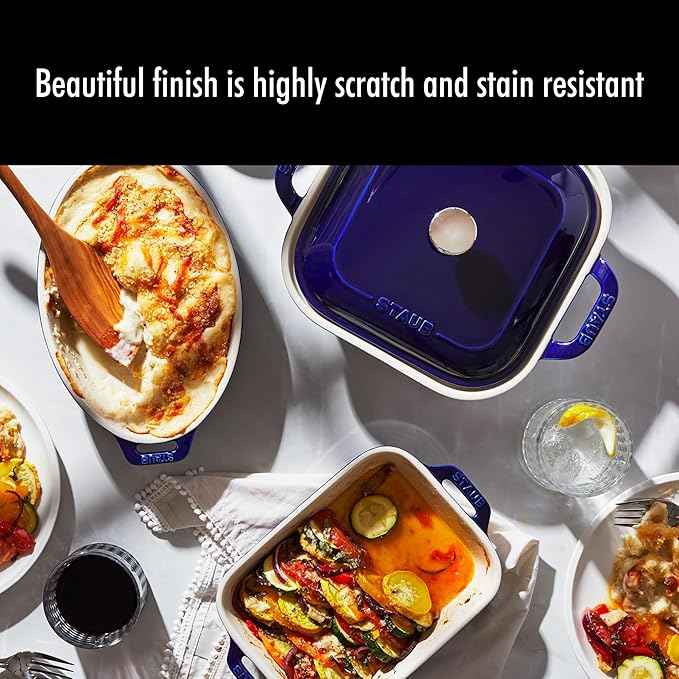 STAUB Ceramic 4-pc Baking Pans Set, Casserole Dish with Lid, Brownie Pan, Dark Blue