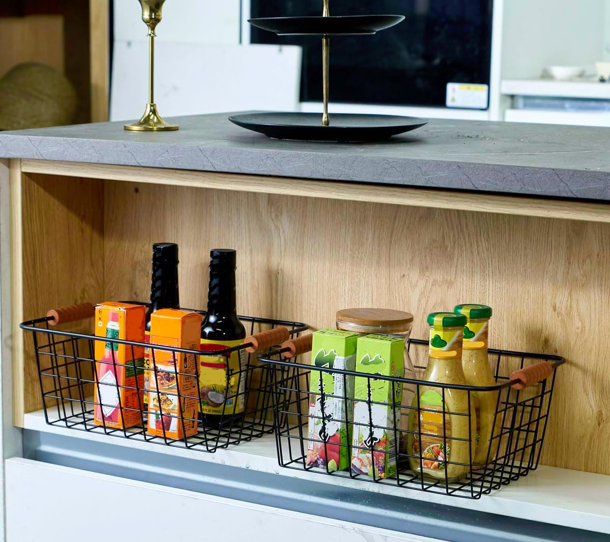 Wire Kitchen Storage Basket 4 Packs,Perfect Pantry Organization Accessories Baskets,Laundry Basket,With a Wooden handle,Suitable for Kitchen,Bathroom,Bedroom,Tabletop,Stackable,Black