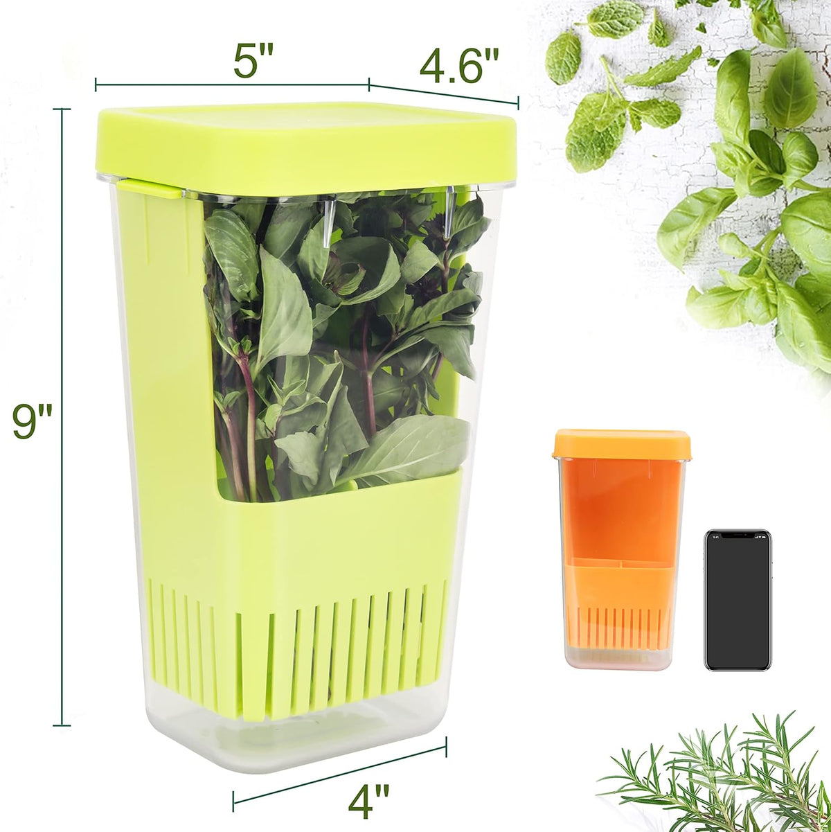 Fresh Herb Keeper for Refrigerator, Clear BPA-Free Herb Saver, Storage Container for Cilantro, Parsley, Thyme, Mint & Asparagus, Preserver Keeps Fresh Herbs for 3 Times Longer, Green & Orange