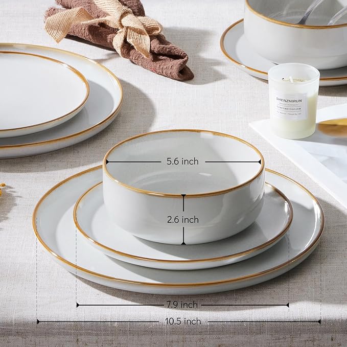 E-far Plates and Bowls Set for 4, 12-Piece Stoneware Dinnerware Sets, Ceramic Dinning Ware Reactive Glaze Dishes Set, Microwave & Dishwasher Safe - Seashell White