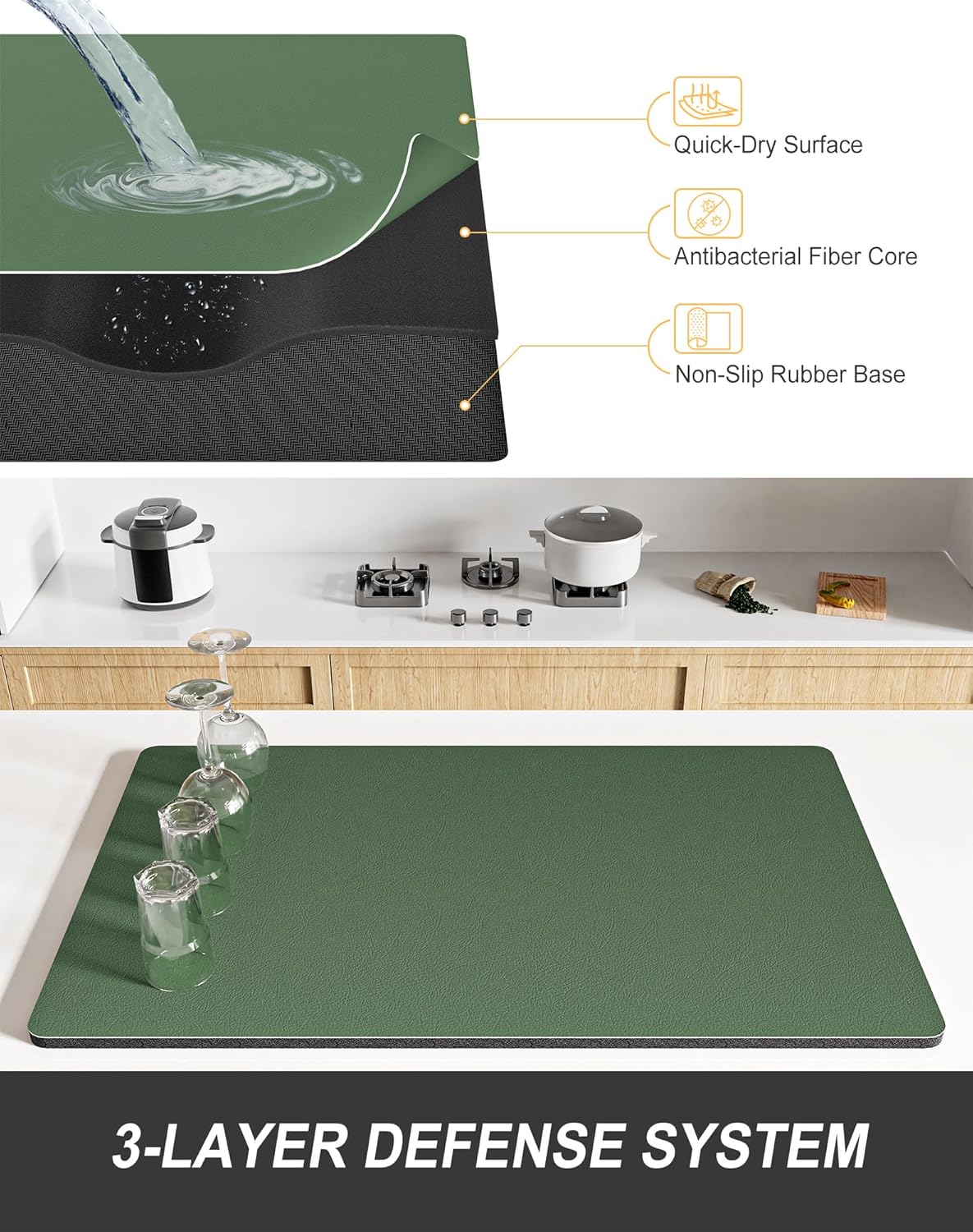 Rnivvi Dish Drying Mat for Kitchen Counter, XL 15 x 24" Super Absorbent Drainer Pad Easy Clean Dish Rack Pad, Non-Slip Heat Resistant Coffee Bar Mat for Coffee Machine Station Accessories,Forest Green