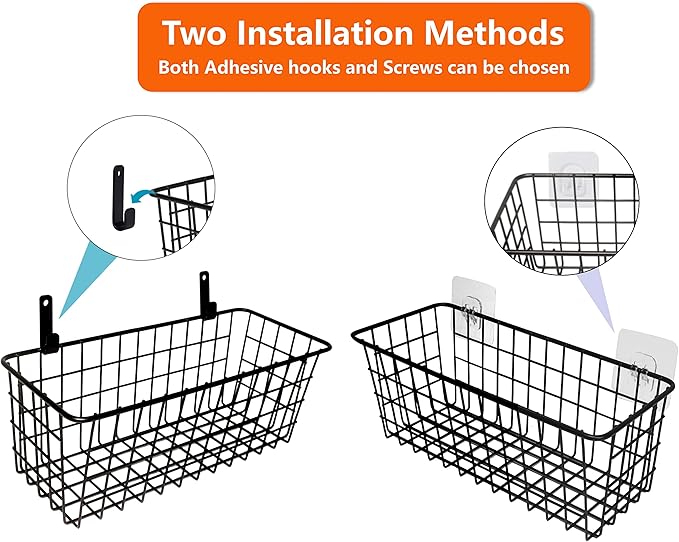 Joben Oligey 3 Set Hanging Wire Baskets ,Wall Mount Fruit Basket,No Drilling,Adhesive Small Metal Basket,Farmhouse Food Storage Mesh Bin Kitchen Pantry Laundry Bathroom Closet Garage RV ,Black
