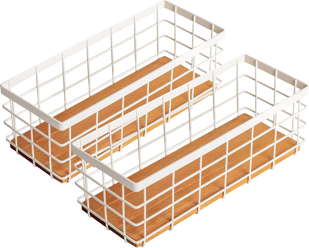 TIEYIPIN Small Metal Wire Storage Basket, Detachable Wood Base Storage Organizer Bin Basket for Kitchen Cabinets, Bathroom, Pantry, Garage, Laundry Room (Cream White, 2 Pack)