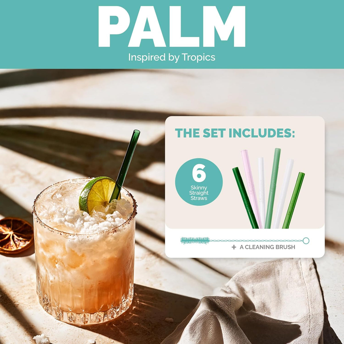 Simply Straws 6 Inch Skinny Glass Straws (6-Pack) - Reusable Cocktail Straws for Mixed Drinks, Low Balls, Coffee & Tea, with Cleaning Brush – Dishwasher Safe, Hot & Cold Use, BPA-Free (Palm)