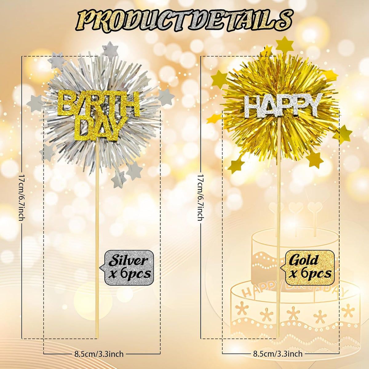 LOLStar 12 PCS Happy Birthday Cake Toppers, Gold and Silver Foil Cupcake Toppers, Glitter Tinsel Cupcake Decor, Food Picks Drink Stirrers Cocktail Toothpicks for Celebrating Party Supplies