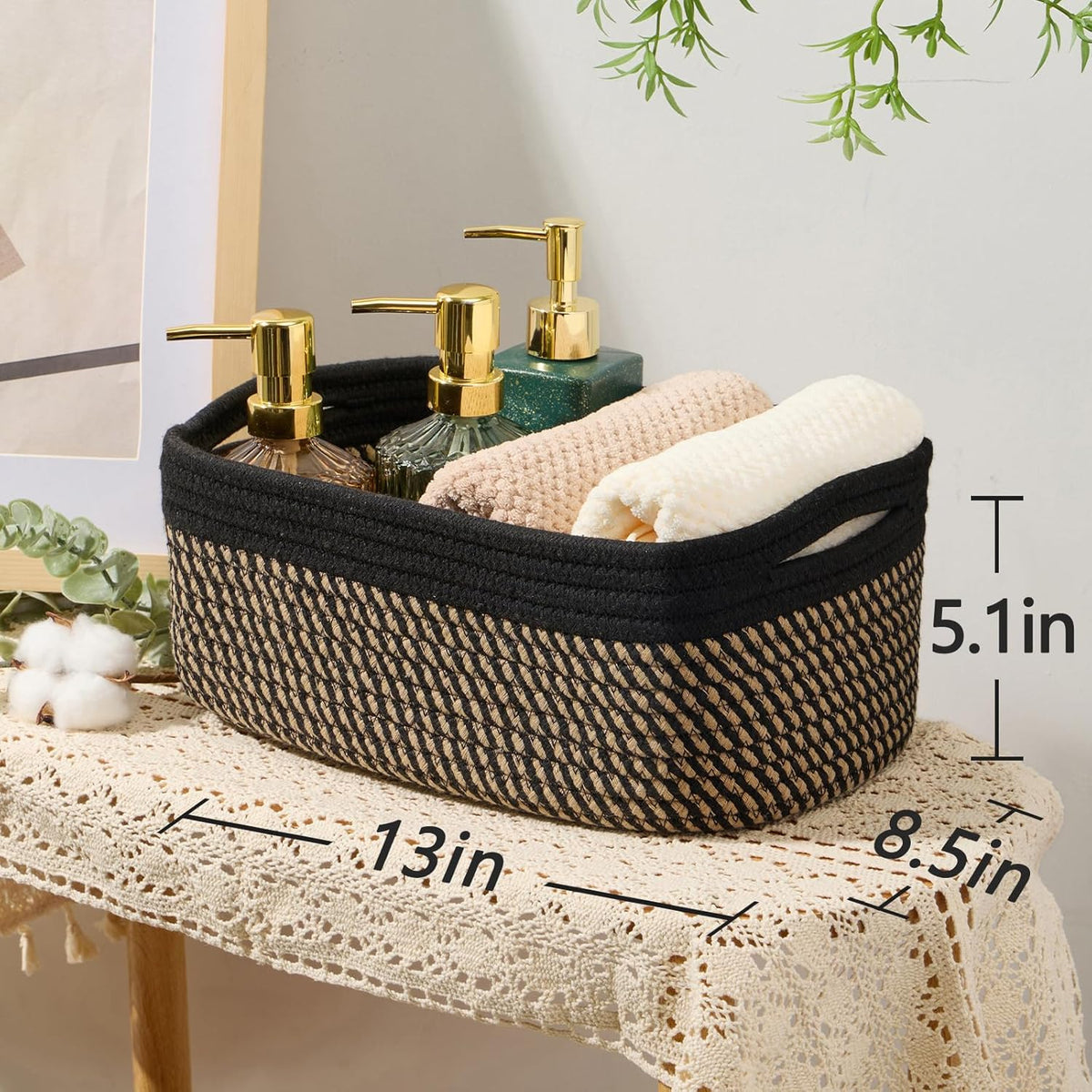 Small Storage Baskets for Organizing | Closet Organizer Bins | Shelf Toy Basket | Woven Rope Baskets | Cube Decorative Box | Shallow Basket | 13x8.5x5.1” | 3 Packs Black Brown