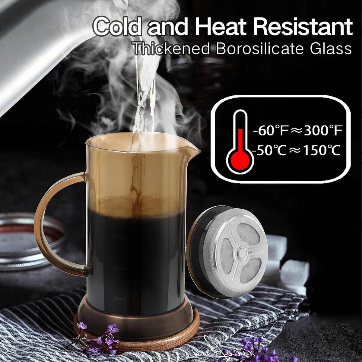 34 Ounce French Press Coffee Maker, 5-Cup Espresso Coffee Maker, Grey Cold Brew Heat Resistant Thickened Borosilicate Coffee Pot with 4 Stainless Steel Filter Screens