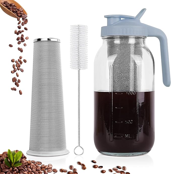 Cold Brew Coffee Maker,64 oz Mason Jar Pitcher with Stainless Steel Filter, Pour Spout Handle Lid, Heavy Duty Glass Airtight & Leak-Proof Pitcher for iced coffee Tea Lemonade-Gray
