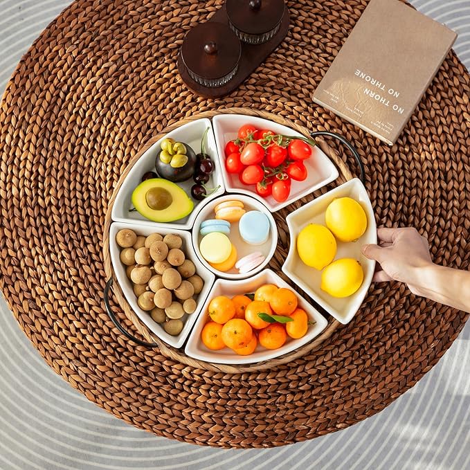 Serving Tray and Serving Dishes, RANDEFURN 7-Set Gold Platters for Parties,15.5 x 15.5 inches, Divided Serving Trays & Platters, Portable Handle,Gold