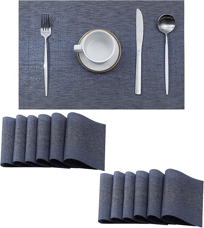 Leetaltree Denim Blue Placemats Set of 12 - Heat Resistant Non-Slip Place mats for Dining Table, Washable Durable PVC Vinyl Woven Table Mats（Denim Blue, 12）