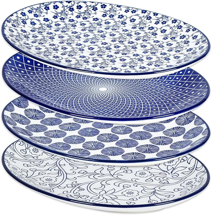 Selamica Serving Platter, 14 Inch Large Serving Dishes for Entertaining, Oval Ceramic Serving Trays for Party, Steak, Cake, Dinner, Fruit, Oven Safe, Microwave Safe, Set of 4, Vintage Blue