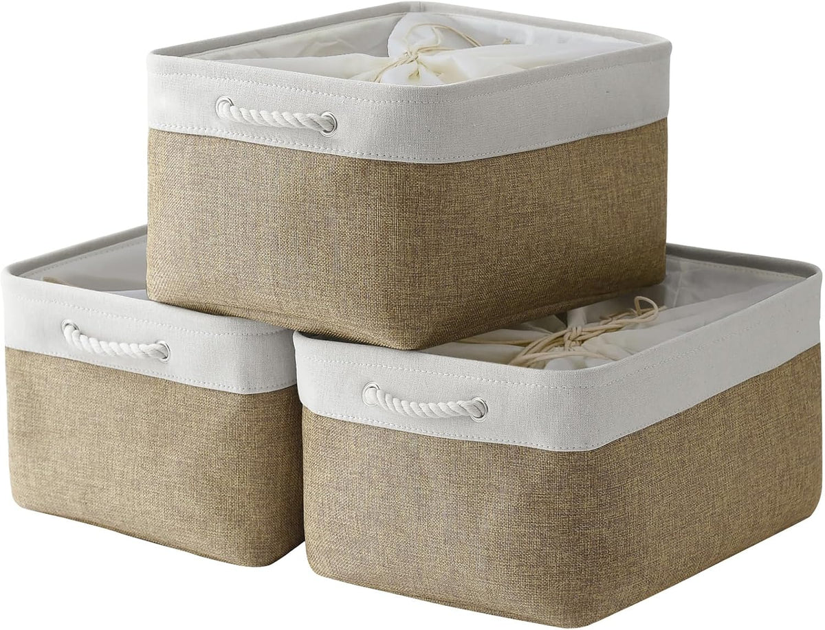 TheWarmHome Organization and Storage Basket for Organizing - X Large - 3 Pack 17.7L×13.8W×9.8H in Collapsible Storage Bin for Shelves, Fabric Basket for Gifts Organizer Toy Closet (White & Khaki)