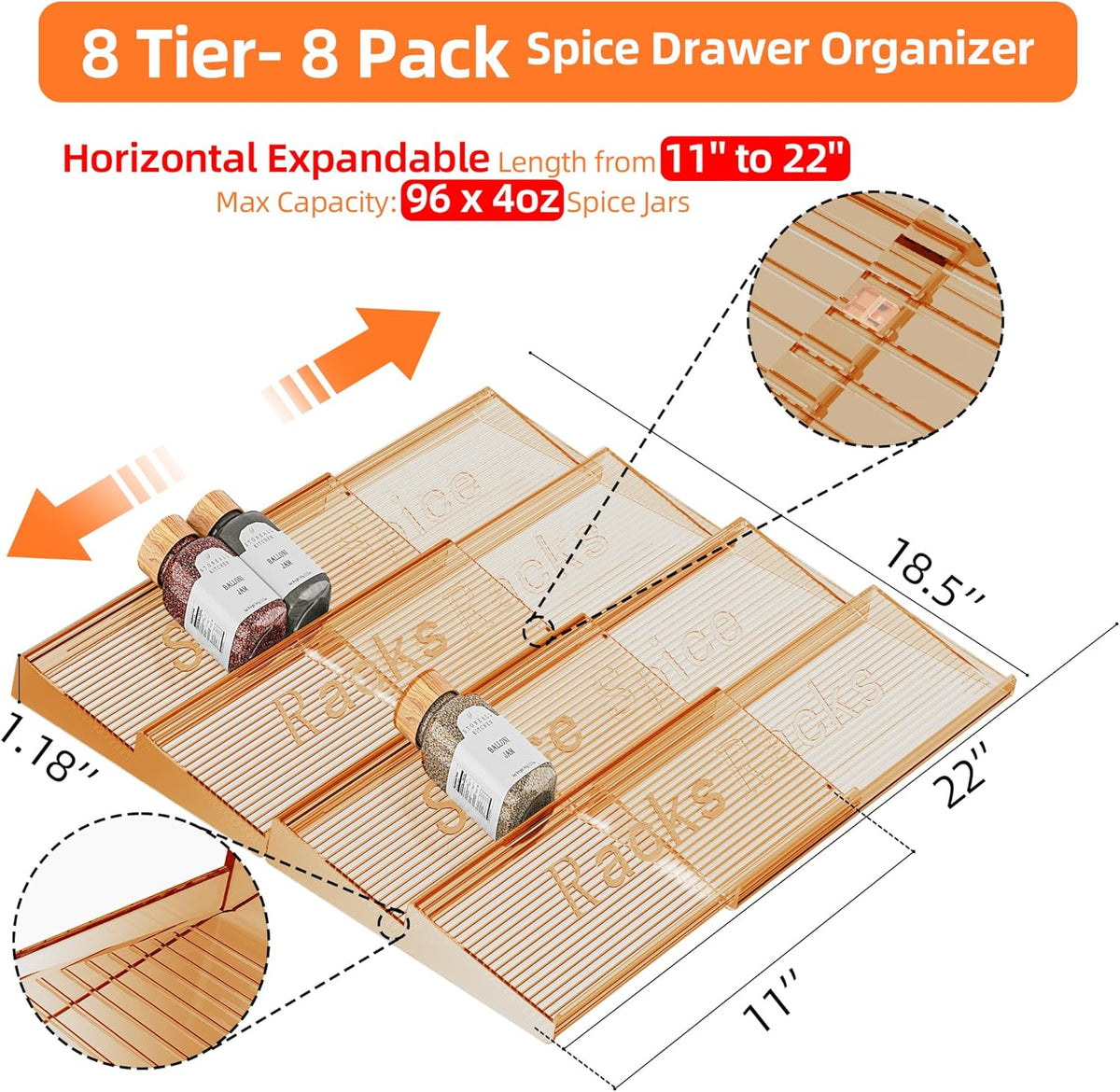 8 Packs Spice Drawer Organizer, 2-Tier Acrylic Drawer Seasoning Organizer, Expandable From 11'' to 22'' Kitchen Spice Rack Organizers and Storage for Drawer (Jars not included), Amber