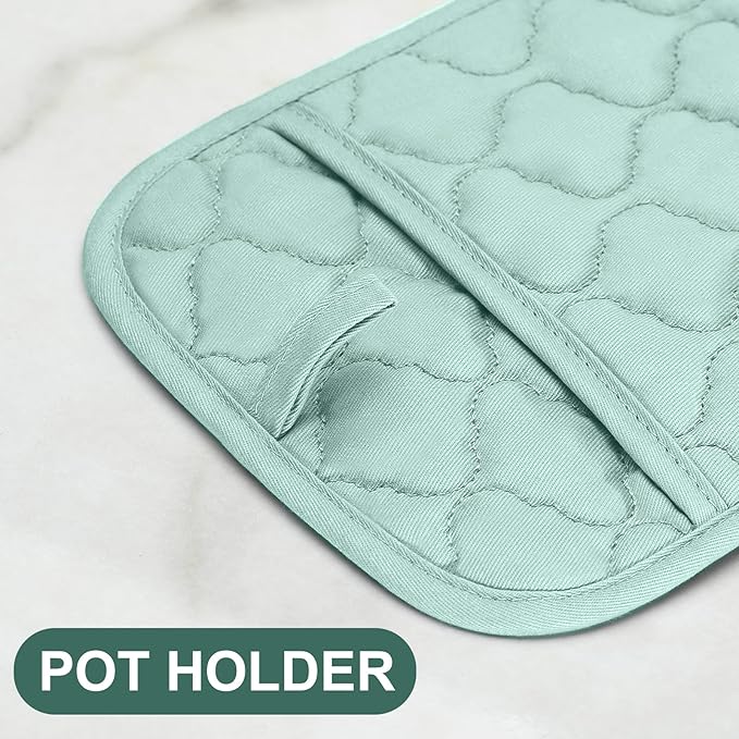 Oven Mitts Pot Holders Sets/Kitchen Towels and Dishcloths, Oven Gloves Kitchen Dish Towels 500 Degree Heat Resistant Potholders with Non-Slip Silicone Surface for Cooking, Grilling, Baking-Mint Green