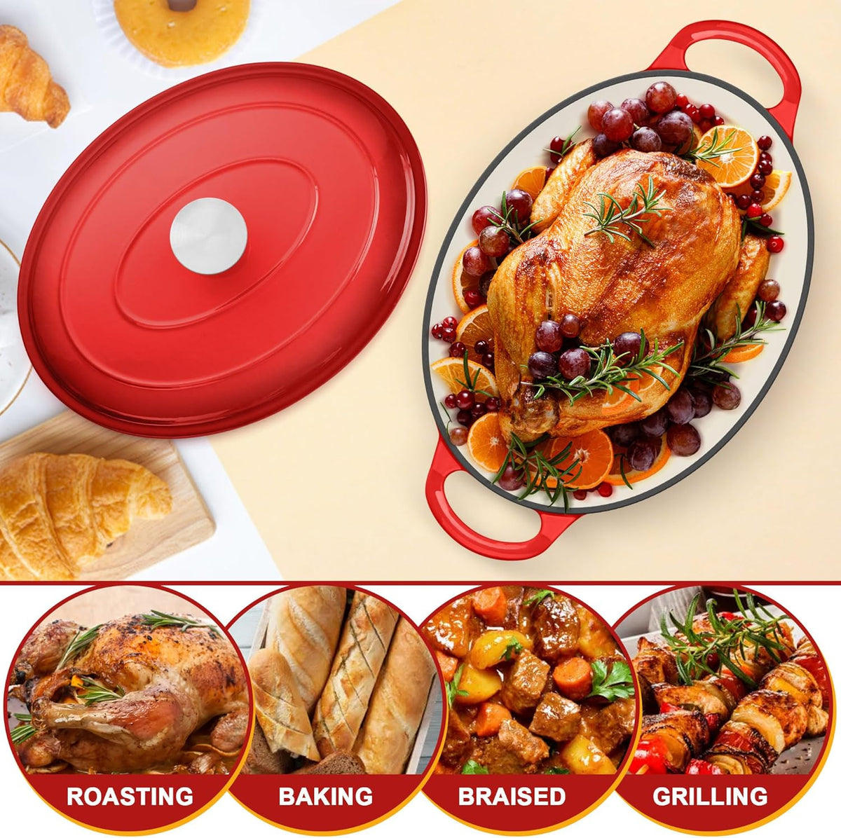 E-far 7QT Oval Dutch Oven Pot with Lid, Enameled Cast Iron Dutch Oven with Dual Handles for Sourdough Bread Baking Cooking, Nonstick Enamel Coated Cookware(Red), Non-Toxic & Easy Clean