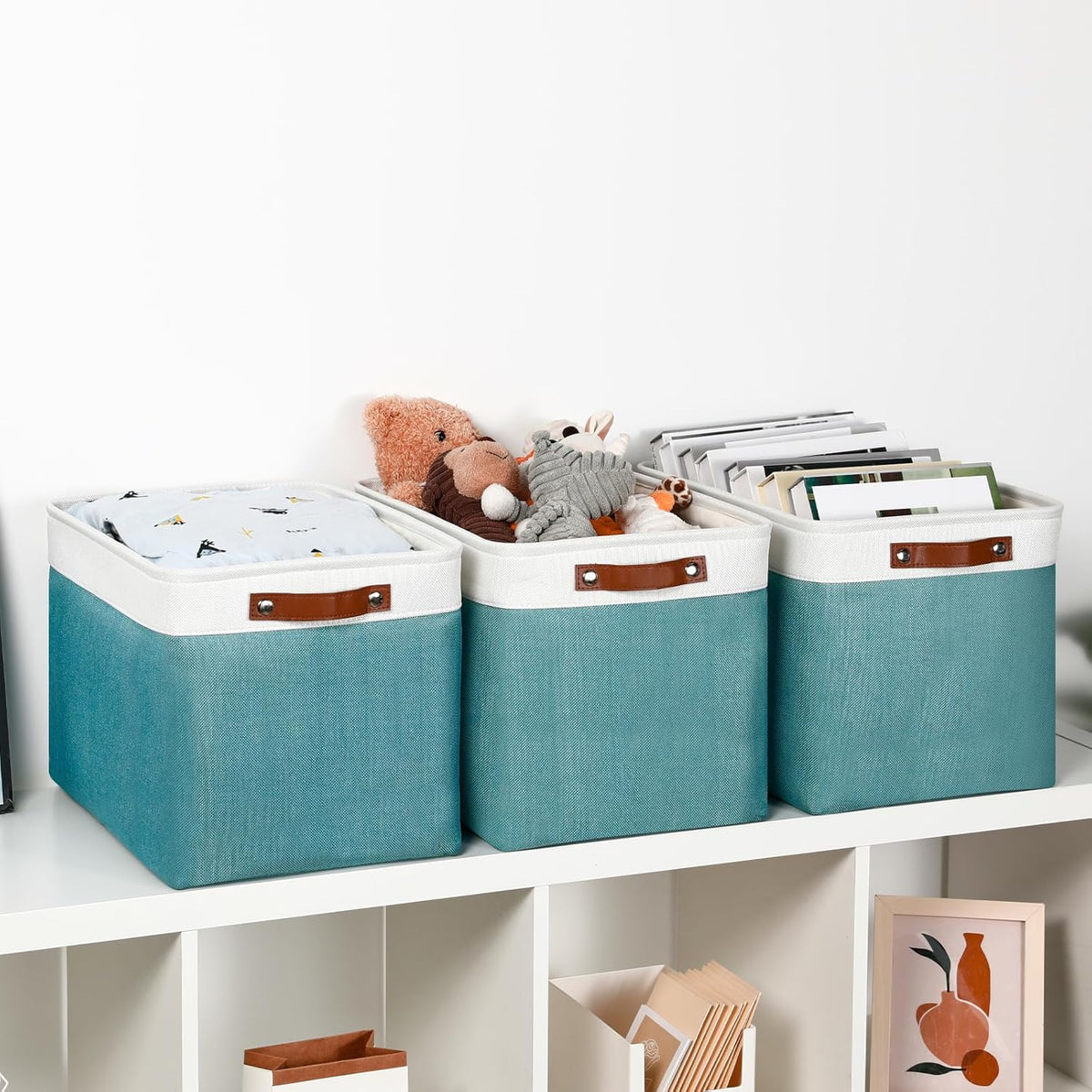 DULLEMELO Large Storage Basket, Collapsible Storage Bins Decorative Storage Baskets for Home Shelves Bedroom, Linen Fabric Basket with Leather Handles for Toys Books Organizing(White&Teal