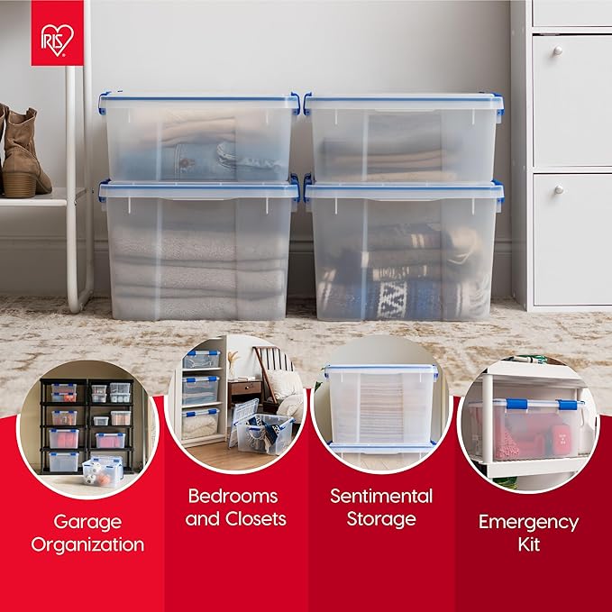 IRIS USA WeatherPro 16 Qt Storage Bins with Lids, 3 Pack, BPA-Free Plastic Gasket Box with Tight Latch and Seal, Stackable Nestable Tote Tub - Clear/Blue