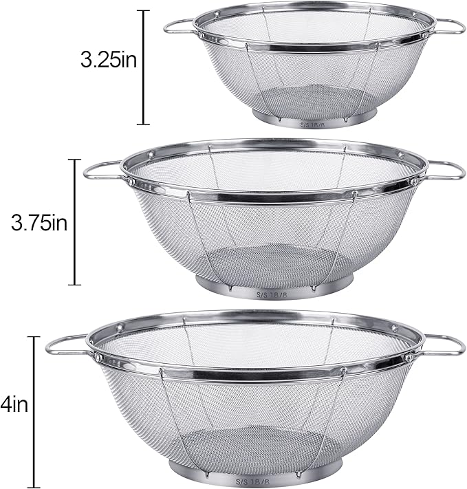 3 Pack 18/8 Stainless Steel Colander Sieves(5-Quart, 4-Quart and 3-Quart), Mesh Strainer Net Baskets with Handles & Resting Base for Strain, Drain, Rinse or Steam