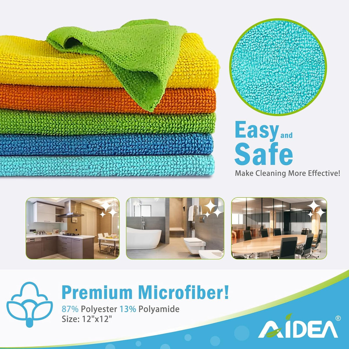 AIDEA Microfiber Cleaning Cloth, 8PK, All Purpose Microfiber Towels, Absorbent Cleaning Rags Kitchen Towels, Lint Free Dusting Cloth for House, Kitchen, Car, Window, 12"×12"