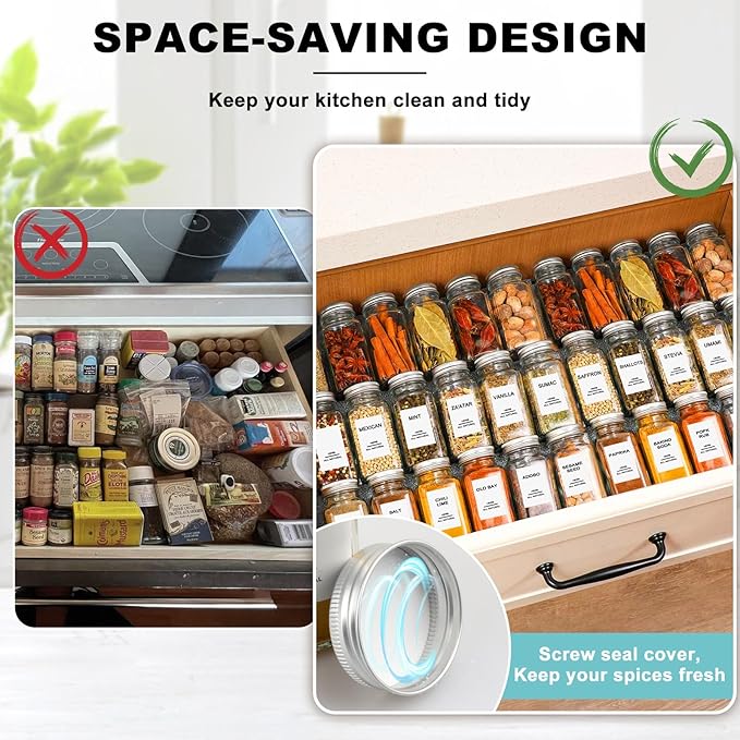 AISIPRIN 24 Pcs Glass Spice Jars with Labels, 4oz Small Empty Square Seasoning Containers Bottles - Shaker Lids, Funnel, Brush,469 Labels and Marker Included