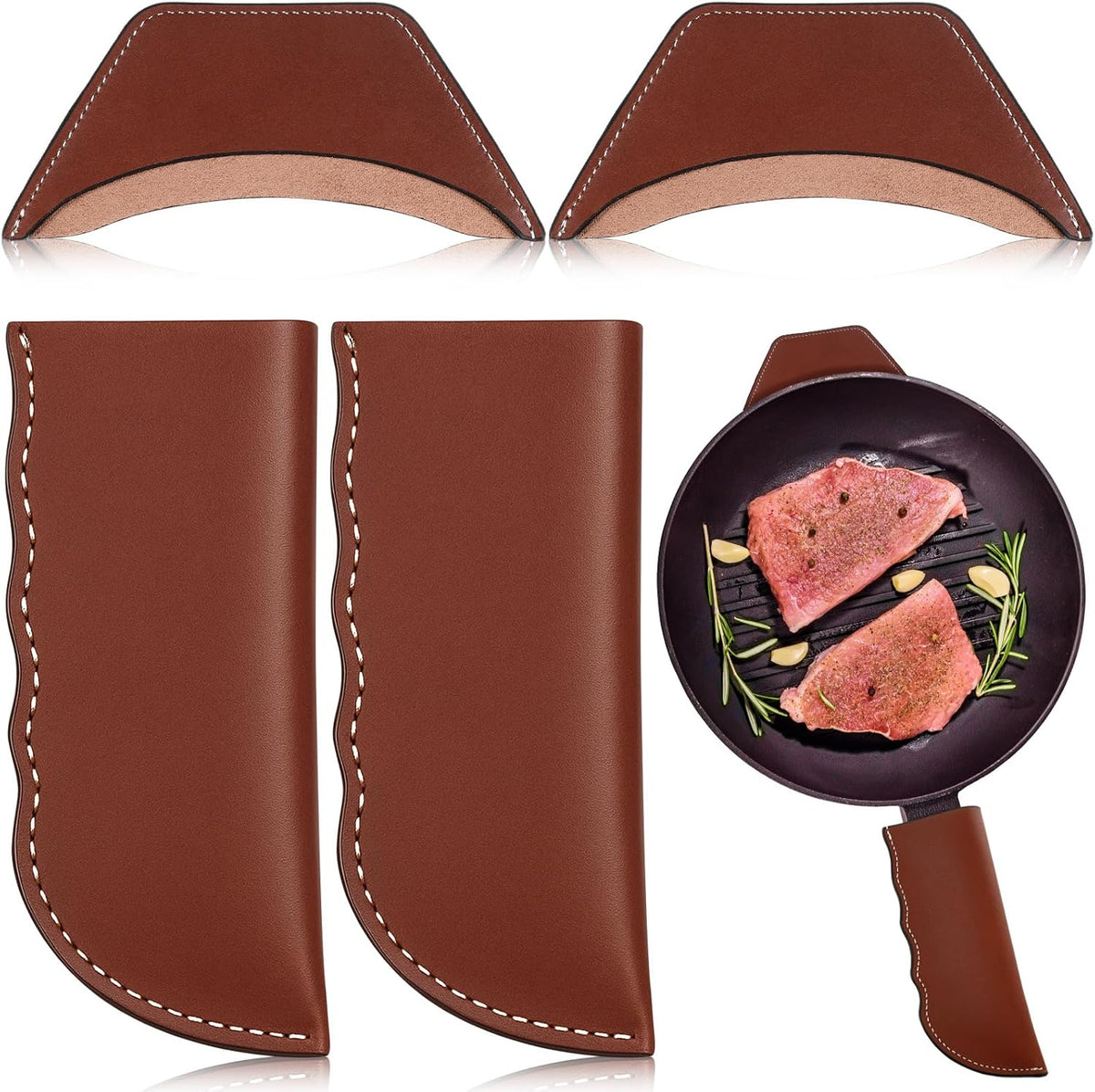 Baderke 4 Pcs Leather Cast Iron Handle Cover Handmade Leather Heat Resistant Skillet Handle Set Pot Holder for Hot Frying Pans, Pots(Dark Brown)