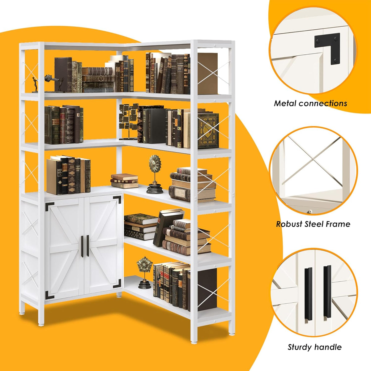 6-Shelf Corner Bookshelf, Vintage Industrial Corner Shelf Etagere Bookcase, Large Book Shelf with Metal Frame Open Storage Corner Cabinet (White-Lockers, Small)