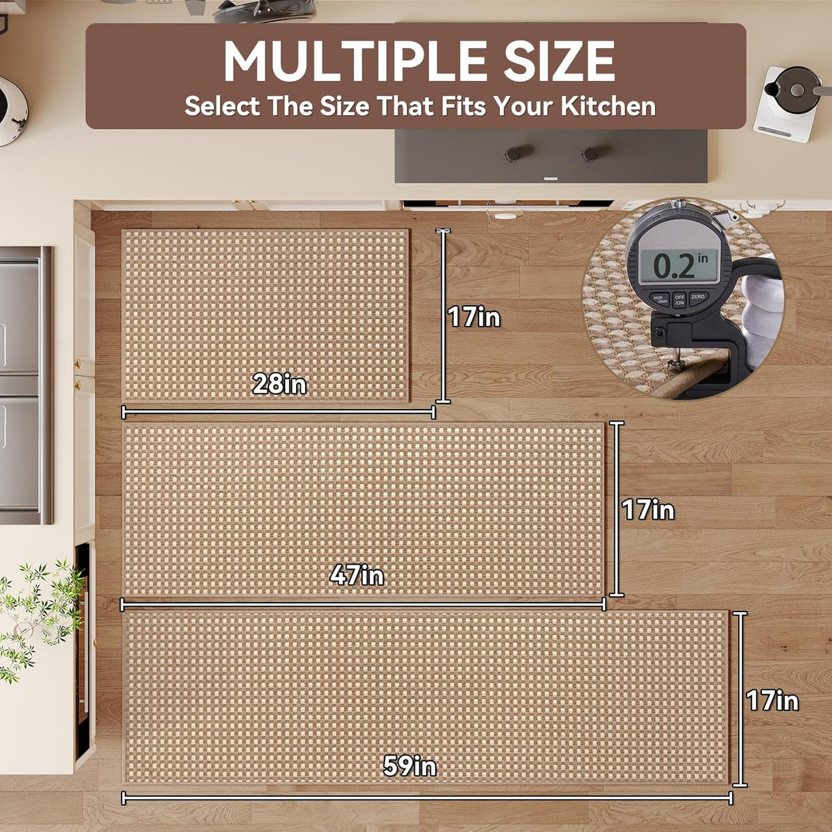Kitchen Mats for Floor, Super Absorbent Kitchen Rugs Non Slip Washable, Rubber Backing Soft Chenille Braided Kitchen Floor Mat Standing Mat Sink Mat, Easy to Clean, Brown 17"x28"