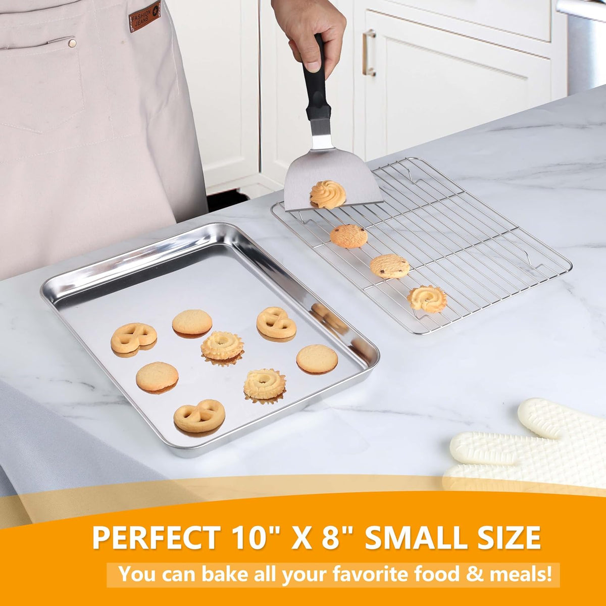 Homikit Baking Sheet with Wire Rack, 10 x 8 Inch Stainless Steel Cookie Sheets for Baking, Small Baking Pan with Cooling Rack, Nonstick Metal Toaster Oven Bacon Tray, Rust Free & Dishwasher Safe
