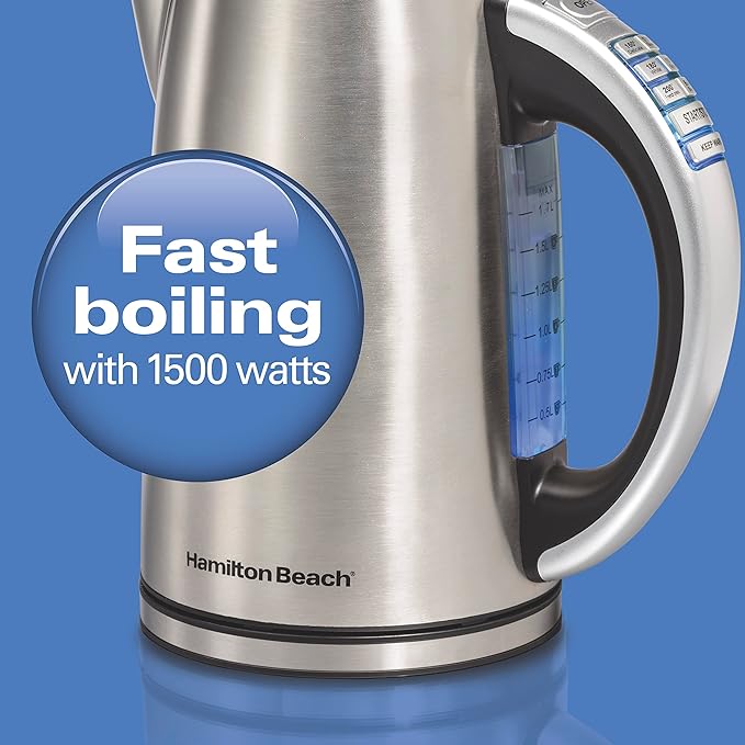 Hamilton Beach 1.7 Liter Temperature Control Electric Kettle, Water Boiler & Heater, Fast Boiling 1500 Watts, BPA Free, Cordless, Auto-Shutoff and Boil-Dry Protection, Stainless Steel (41020R)