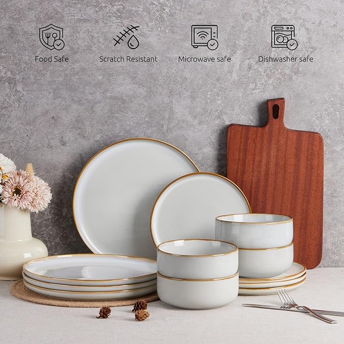 E-far Dinnerware Sets for 6, 18-Piece Stoneware Plates and Bowls Set, Reactive Glaze Dinning Ware Dishes Set, Microwave & Dishwasher Safe - Seashell White
