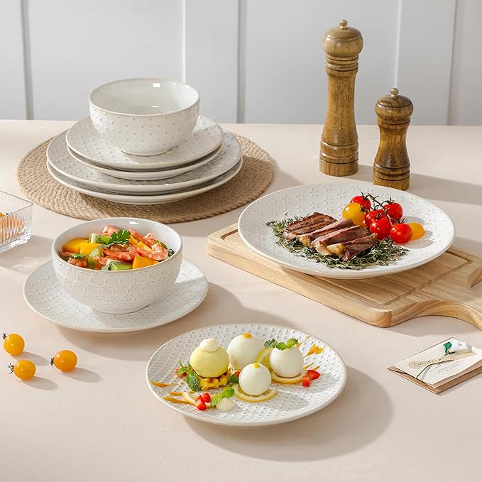 MALACASA 12 Pieces Dinnerware Sets, Modern Relief Design Plates and Bowls Sets, White Dish Set for 4, Kitchen Ceramic Dinner Plates Dishware Set, Microwave and Dishwasher Safe, Series LYDIA