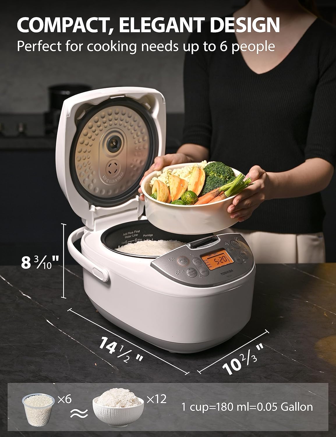 Toshiba Rice Cooker 6 Cup Uncooked – Japanese Rice Cooker with Fuzzy Logic Technology, 7 Cooking Functions, Digital Display, 2 Delay Timers and Auto Keep Warm, Non-Stick Inner Pot, White