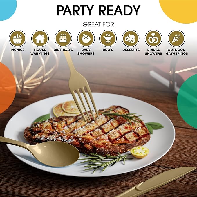 Party Solids Gold Plastic Silverware Heavy Duty 300 Pieces Gold Plastic Cutlery Sets, Utensil Sets, 100 Of Each Forks, Knives & Spoons Disposable Cutlery Set, Flatware Set For Party Supplies