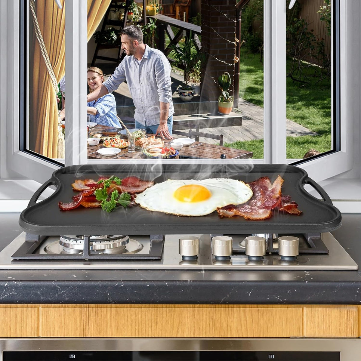 Cast Iron Reversible Grill/Griddle Pan - 17"x10" Pre-Seasoned Rectangular Double Sided Griddle Plate for Gas Stove, Oven, Camping, Indoor & Outdoor Cooking - Non-Stick, Durable & Versatile