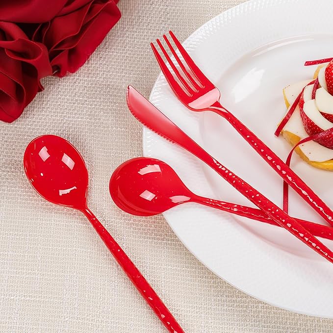 LIYH 150 Pcs Red Plastic Cutlery Sets - Red Plastic Silverware Heavyduty, Disposable Utensil Sets, 50 of Each Forks, Knives & Spoons Flatware Set for Party Birthday