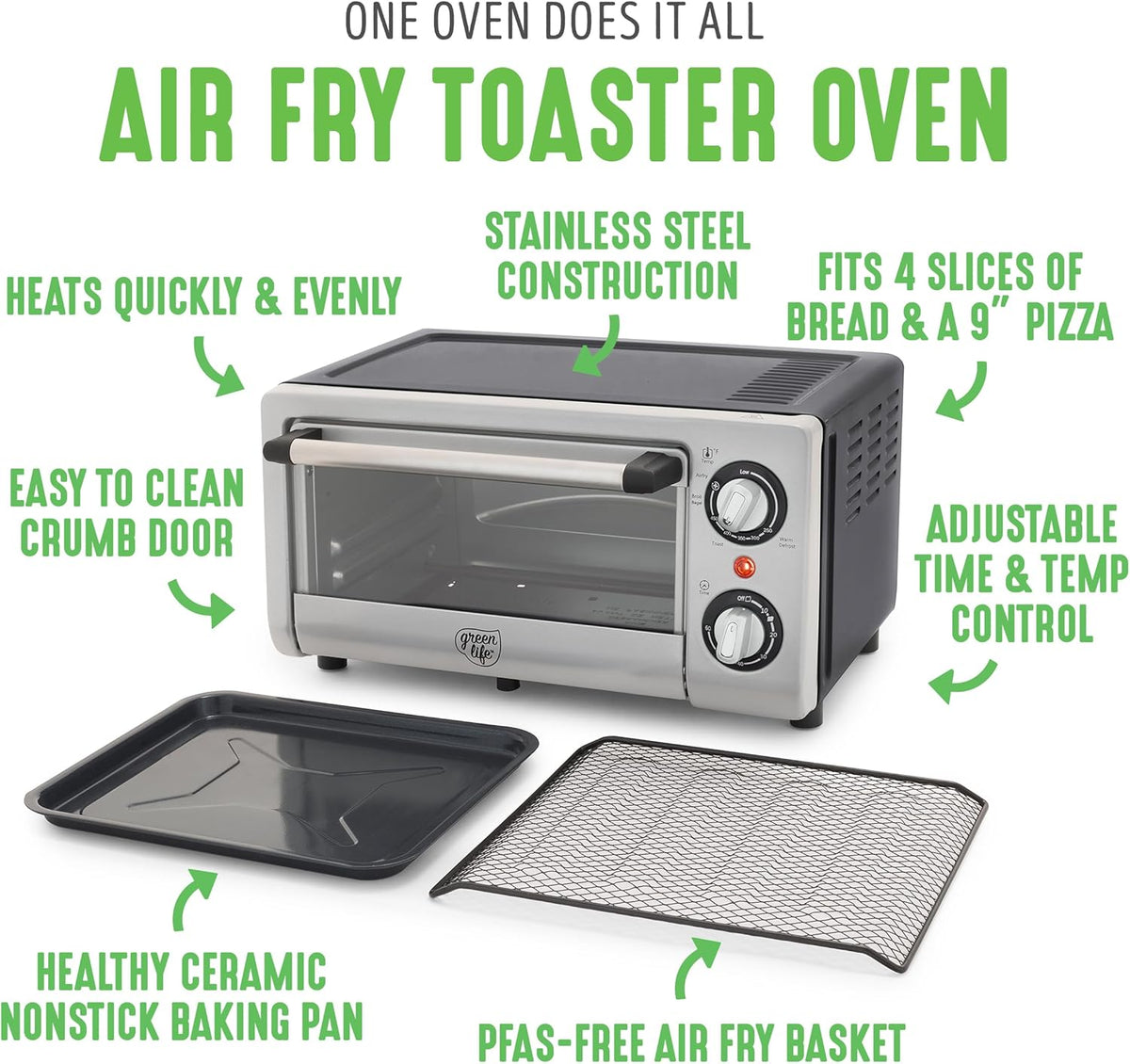 GreenLife Countertop Toaster Oven Air Fryer Stainless Steel, Healthy Ceramic Nonstick, PFAS and PFOA-Free, Tray & Basket, Bake, Broil, Reheat, Adjustable Temp & Time Control, Auto Shutoff, Black