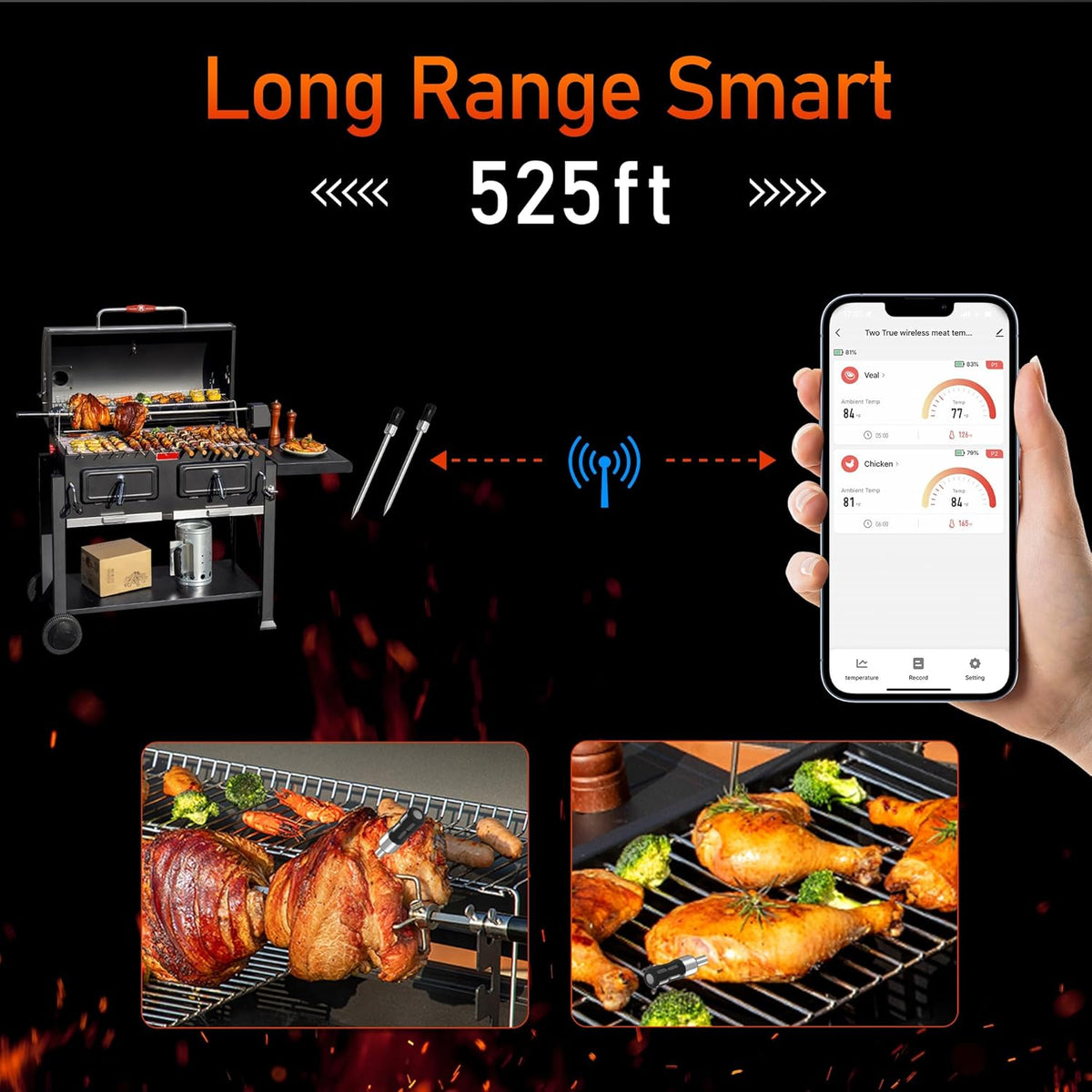 AlfaBot Wireless Meat Thermometer with 2 Meat Probes, 520 FT Bluetooth Meat Thermometer with Digital Food Thermometer for Remote Monitoring of BBQ Grill, Oven